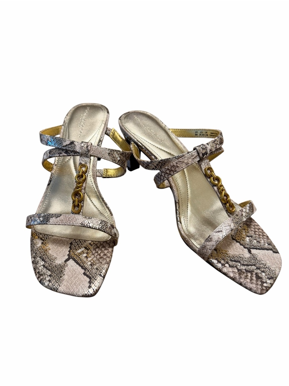 Donna Karan NY Snake Print Leather Gold Chain Mule Heels Sandals Size 8 NWOB